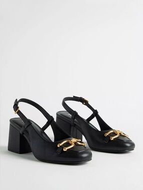Black Slingback Block Heels with Gold Chain Detail